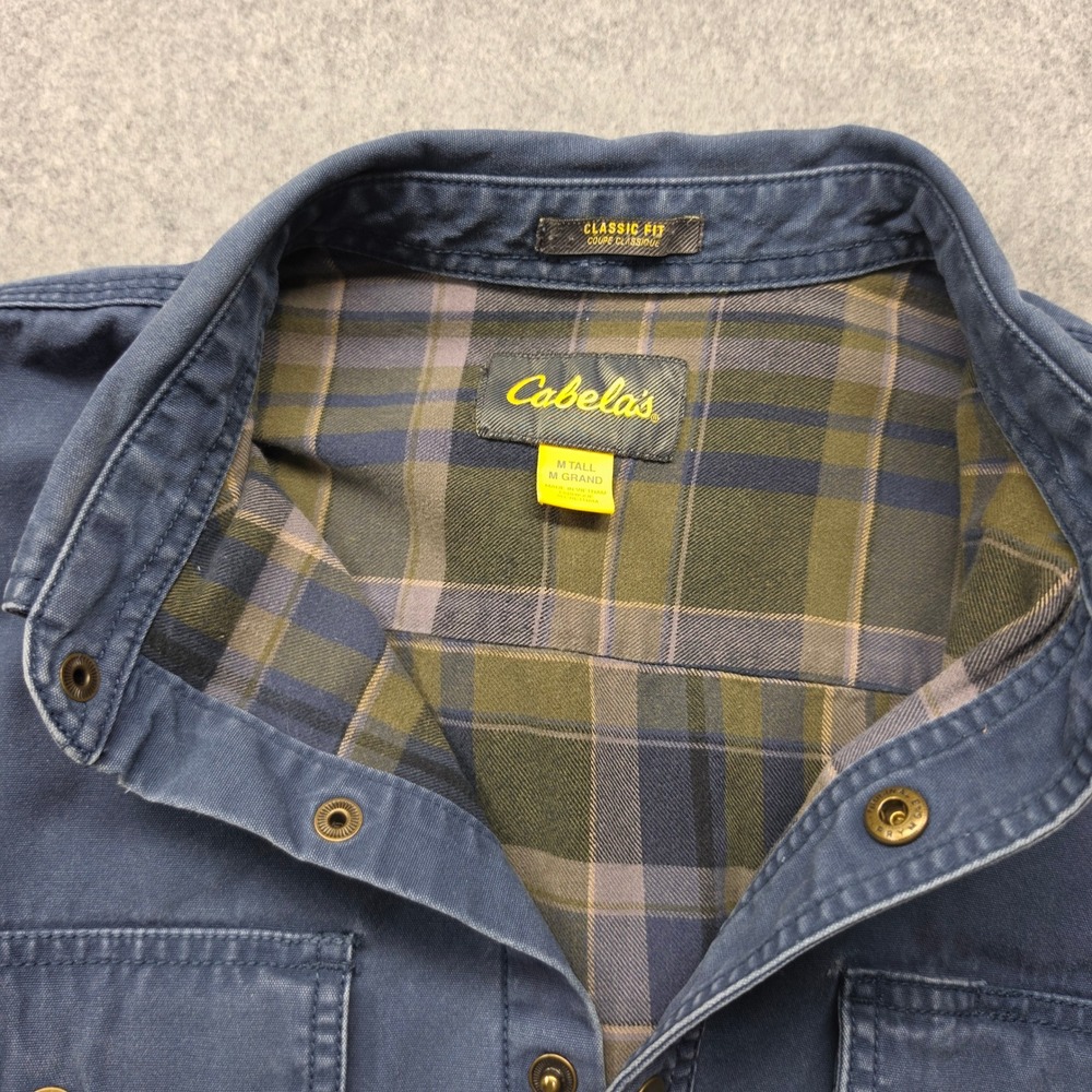 Cabelas Mens Flannel Lined Canvas Shirt Jacket Blue M Tall Classic Fit Snaps